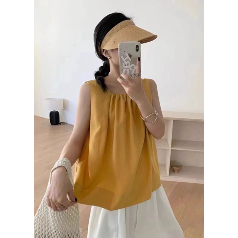 French-Style Yellow Shirt for Women, Summer 2025 New Sweet Pleated Design, Sleeveless Babydoll Top for Women