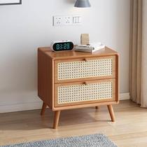 Rattan bedside table solid wood cherry color walnut color simple wooden style mini wooden storage cabinet