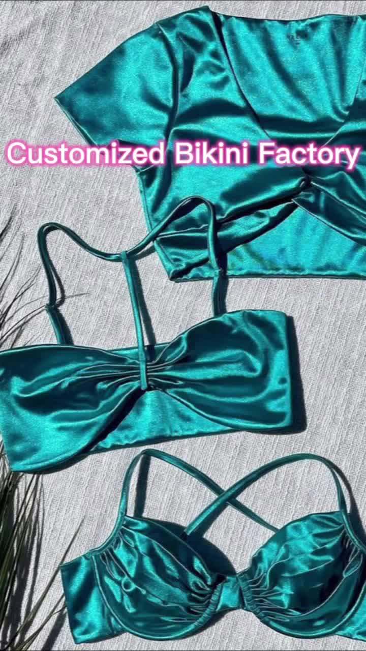 Swimsuit Manufacturer Satin Bikini Solid Shiny Bathingsuit Halter