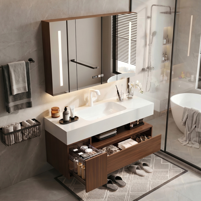 Bathroom Cabinet with Vintage Hotel Style, Featuring Pull-Out Baskets, Seamless Ceramic Basin, and Solid Wood Washbasin Cabinet Set Bathroom Cabinet with Vintage Hotel Style, Featuring Pull-Out Baskets, Seamless Ceramic Basin, and Solid Wood Washbasin Cabinet Set