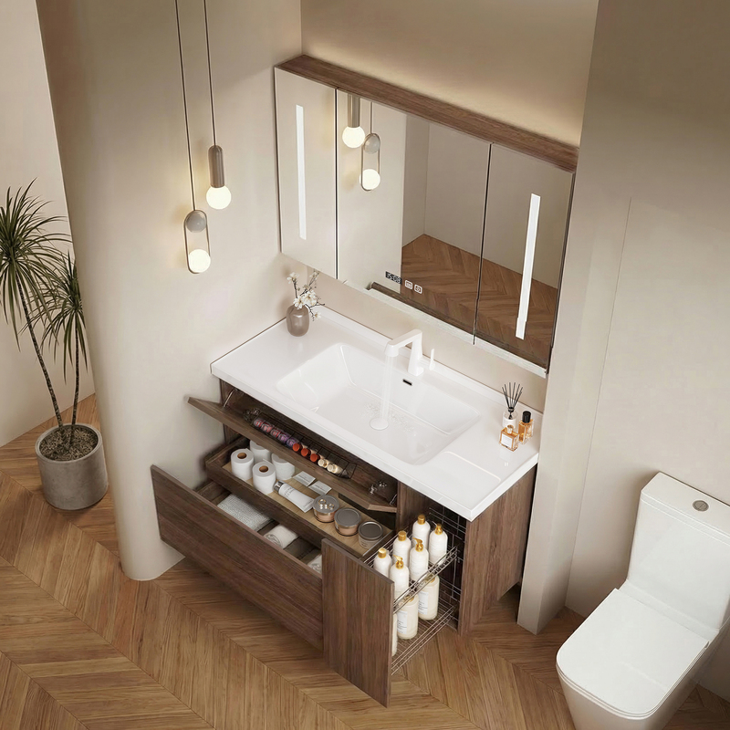 Bathroom Cabinet Set in Antique Walnut Color with Integrated Ceramic Basin, Pull-Out Storage Basket, Washbasin Cabinet, Japanese-Style Bathroom Bathroom Cabinet Set in Antique Walnut Color with Integrated Ceramic Basin, Pull-Out Storage Basket, Washbasin Cabinet, Japanese-Style Bathroom