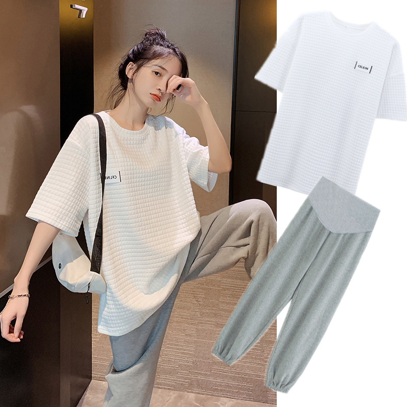 Pregnant women summer suit thin red short sleeves middle and long-plate tops summer outgoing leisure summer send two sets