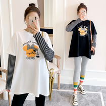 Pregnant Woman Suit Spring Autumn New Blouse 2022 Spring Dress Mid-Length Fashion Loose Big Code Splicing Striped Cuff T-shirt