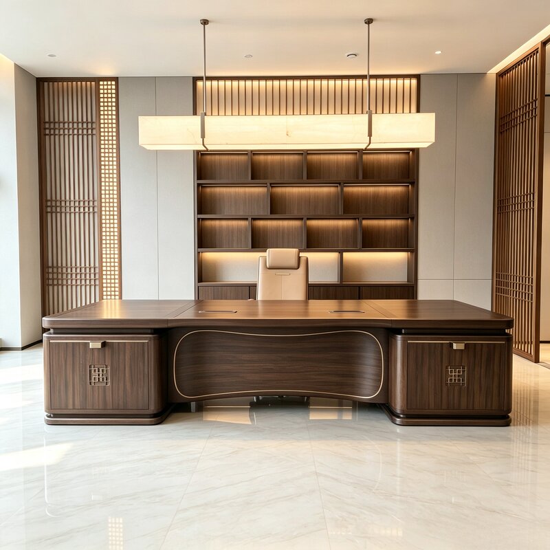 2026 New Model Walnut Solid Wood Desk, New Chinese Style Curved Executive Desk, Ceo's Large Desk 2026 New Model Walnut Solid Wood Desk, New Chinese Style Curved Executive Desk, Ceo's Large Desk