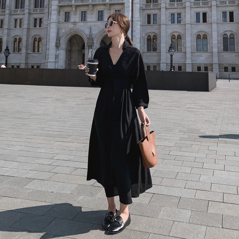 Royal sister style French style pregnant women slimming black dress spring and autumn temperament high waist long and ankle linen dress