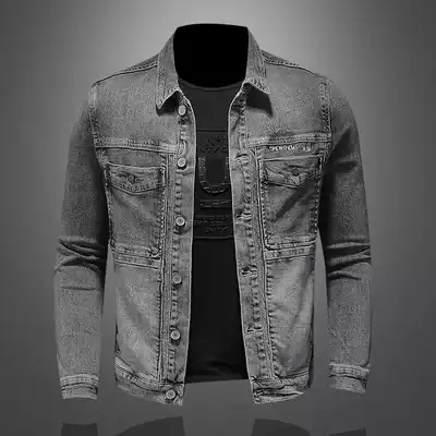 Smoke gray denim jacket men's dark gray jacket Korean trend loose spring and autumn retro tooling European and American Street tide