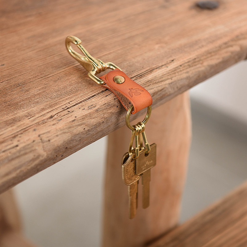 Retro tanning leather key button pure copper buckle simple creative small gift support engraving