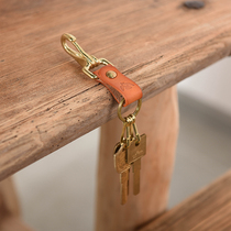Retro tanning leather keychain pure copper buckle simple creative small gift support lettering