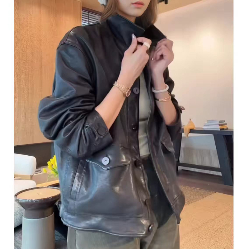South Korea Dongdaemun 2026 New Imported Genuine Leather Sheepskin Full Vegetable-Tanned Biker Leather Jacket Loose Casual Leather Coat South Korea Dongdaemun 2026 New Imported Genuine Leather Sheepskin Full Vegetable-Tanned Biker Leather Jacket Loose Casual Leather Coat
