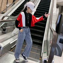 Girls suit Spring and Autumn New Korean version of the Chinese big boy loose denim wide leg pants two-piece Net Red fashion Autumn Tide