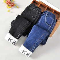 Girls plus velvet thickened jeans Winter Childrens three-layer cotton pants in the north of the winter to keep warm