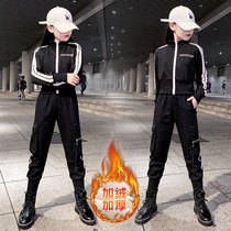 Girls suit winter plus velvet thickened big childrens overalls two-piece girl foreign hip-hop casual wear autumn and winter tide