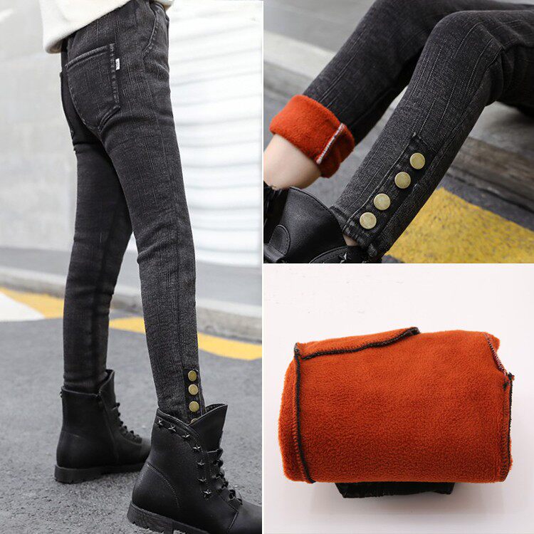 Girls Jeans Fall Winter 2021 Foreign Gas Plus Velvet Little Leg Pants Korean Version Inddons Tight Stretch Bottom Pants Winter