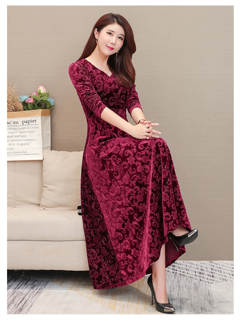 2018 thu đông mới nhung vàng đầm đầm xòe dài tay váy xòe nữ váy đáy váy váy eo cao maxi quỳnh anh