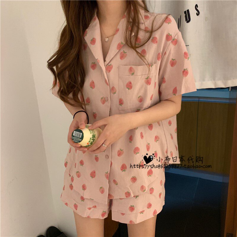 Japan gelato21 Summer cute strawberry pure cotton cardiovercoat short sleeve printed pyjamas home suit woman