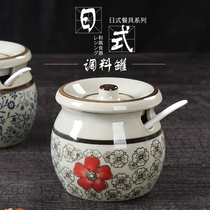 Seasoning jar ceramic seasoning box with lid spoon sauce household hand-painted chili oil jar kitchen seasoning box oil salt jar