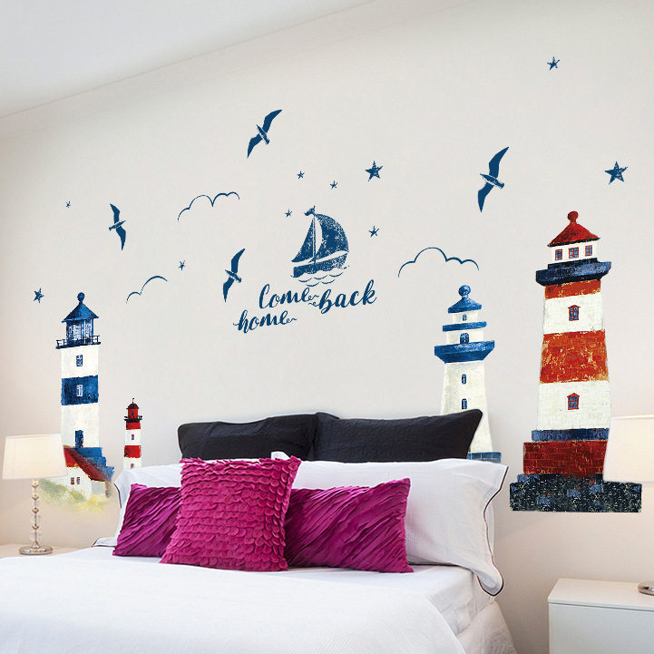 Removable patch painted Mediterranean lighthouse background decorative bedroom living room TV sofa wall sticker-Taobao