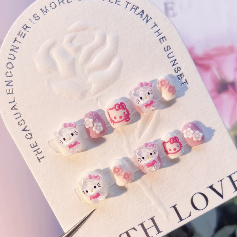 "Pink Kt Cat" Children's Pink Kitty Cat Wearable Nail Stickers, Non-Toxic, New Style for Girls Aged 3-10, Cartoon Nail Art