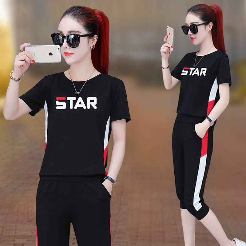 Fashion two-piece suit female 2022 summer casual slim short-sleeved cropped pants large size sportswear foreign style cotton suit