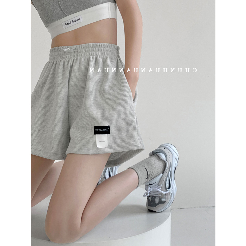 Gray Waffle Sports Style Shorts for Women 2025 Summer New Loose High-Waisted Casual Wide-Leg Hot Pants for Petite Figures