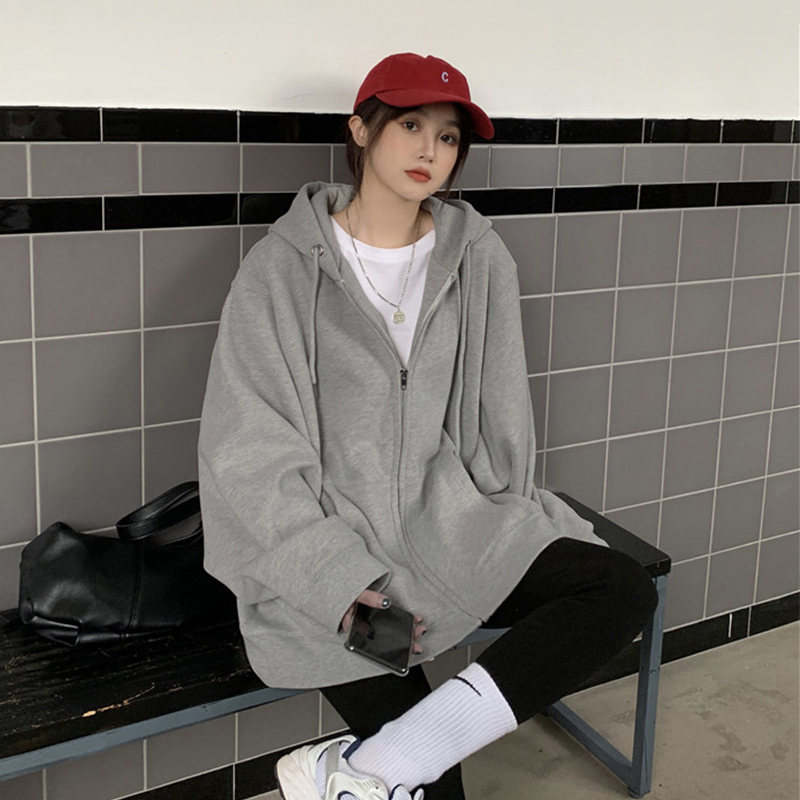 2025 New Spring and Autumn Loose Oversize Korean Style Gray Thin Hooded Sweatshirt Jacket for Women Ins Trendy Top