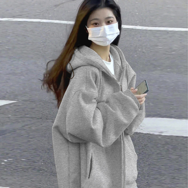 Spring and Autumn Thin Gray Zip-Up Hooded Cardigan Loose Fit Women's Oversized Winter Fleece 2025 New Style Jacket