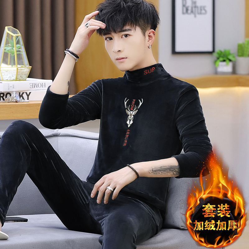 Winter heating clothing men's suit youth gold velvet mid-collar bottoming shirt plus velvet thick autumn clothes sanitary pants two-piece set
