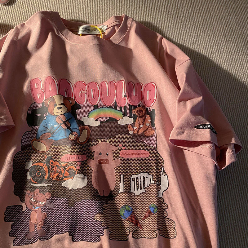 Pink (M)summer Sweet line Bear Short sleeve T-shirt female easy Korean version ins Harajuku Salt system lovers Bomb Street Half sleeve Put on your clothes