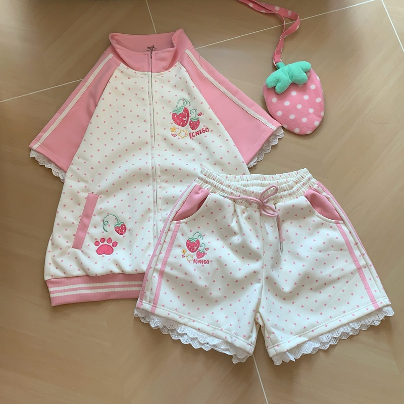 Qiuqiu LAOSHU Cute Soft Girl Everyday Versatile Stand Collar Strawberry Embroidery Zipper Jacket and Shorts Set