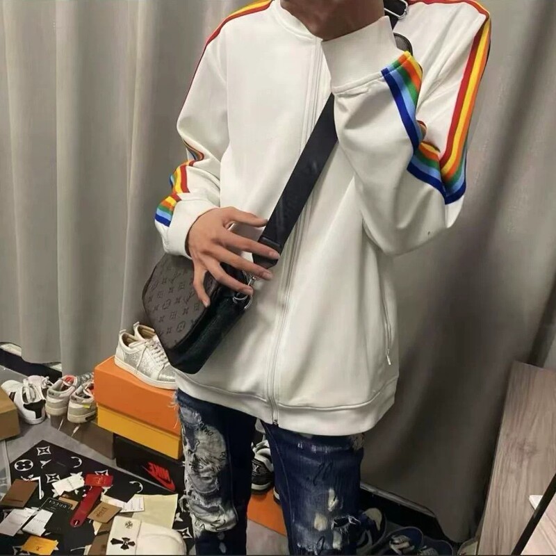 Spring and Autumn Unisex Jackets Trendy Brand Light Luxury Side Angel Rainbow Stripe Casual Jacket Couple Matching Style Trendy