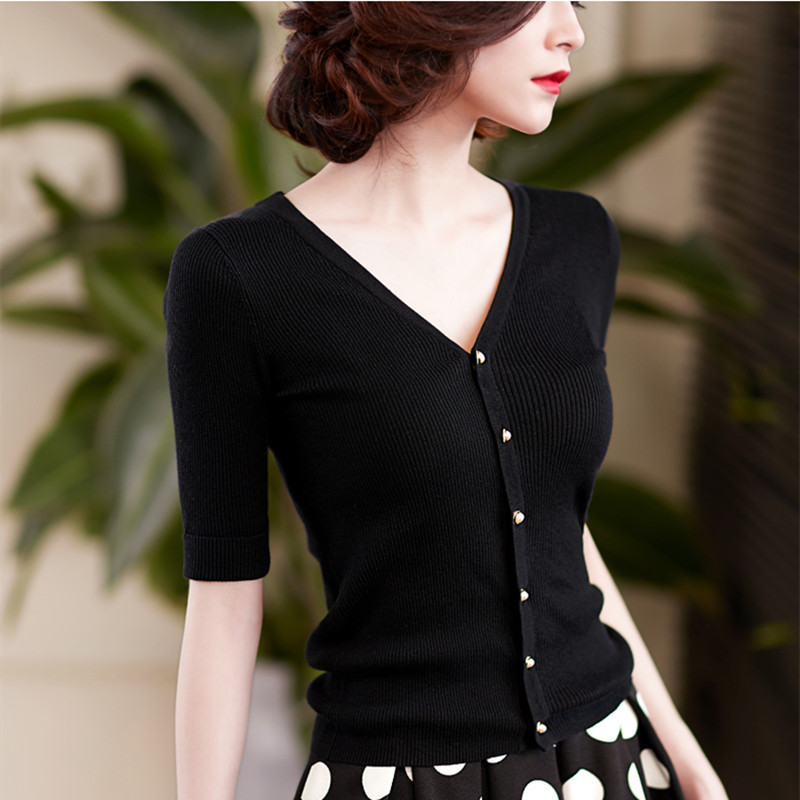 Commuting Style V-Neck Knitwear for Women 2026 Spring and Summer New Black Cardigan Air-Conditioning Shirt Feminine Inner Sweater