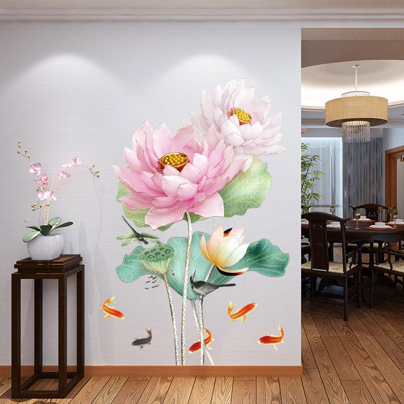 Attachment Home Chinese Style Lotus Sticker living room Xuanguan wallpaper Self-adhesive bedroom headboard Decorative Wall Sticker Book Room Sticker