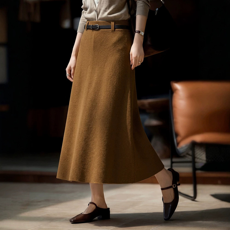 Feiyuan's New Autumn and Winter Style Woolen A-Line Skirt with Belt for Women, Fashionable and Versatile for Daily Work Clothing, Simple Solid Color Skirt