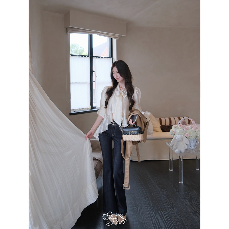 Little Rabbit Herbal Tea [Milan Holiday] Original Design Four-Way Stretch Raw Denim Flared Jeans - Hip Enhancement Series