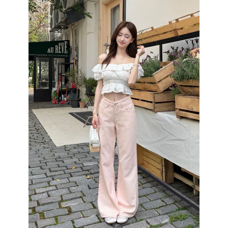 Little Rabbit Herbal Tea [Falling Cherry Blossom Girl] Original Design Girly Denim Flared Wide-Leg Pants - Embroidered Logo Series