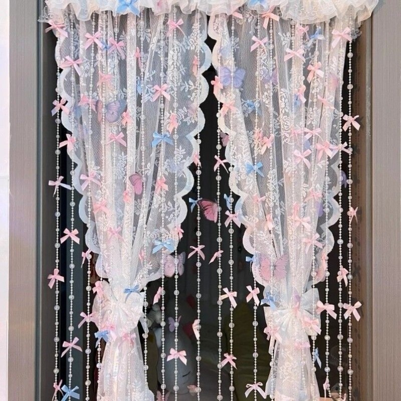 Bowknot Door Curtain with Dreamy Bead Chain for Ambiance Decoration, Bedroom Door Decoration, Handmade DIY Gauze Curtain for a Girly Room