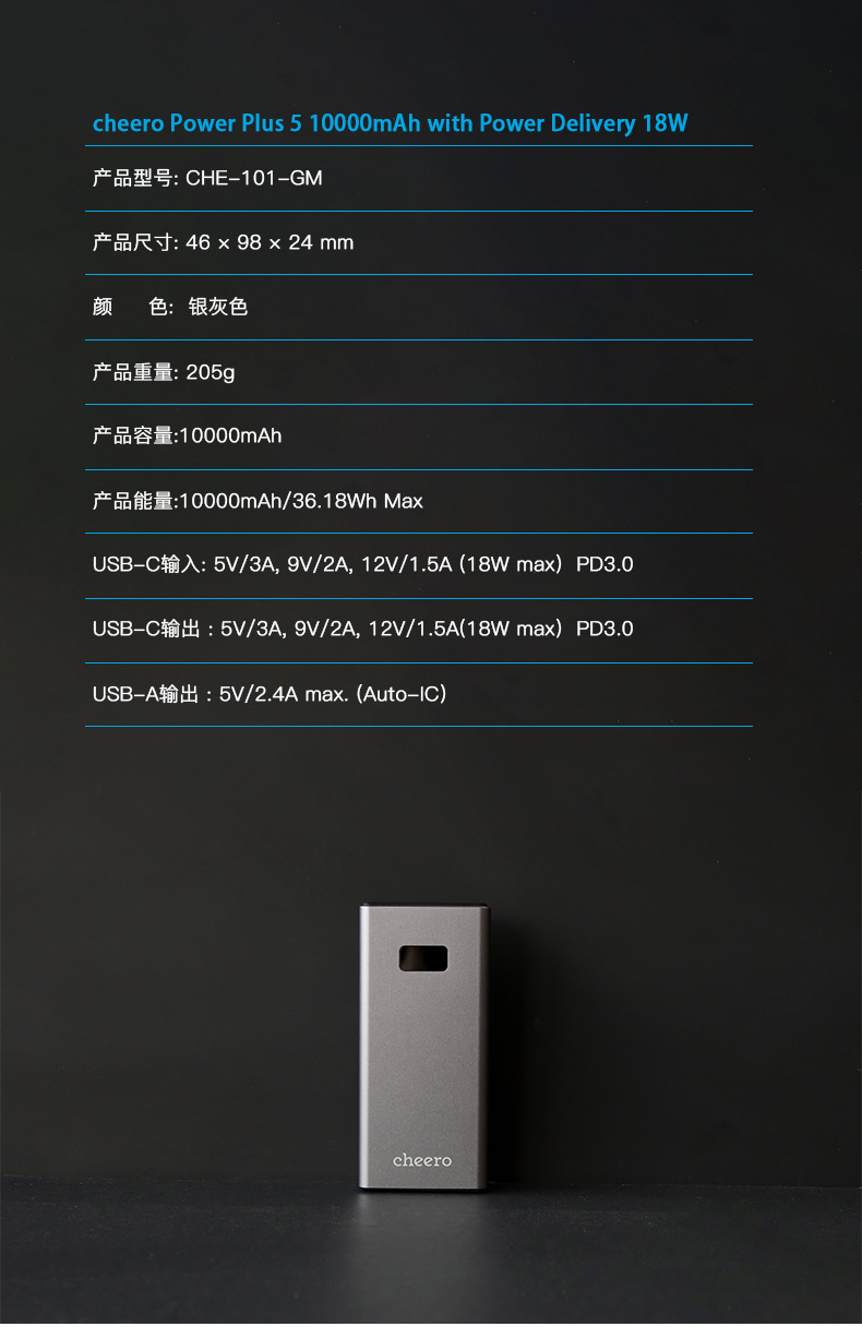 cheero Power Plus 5 10000mAh with Power Delivery 18W (Metallic)