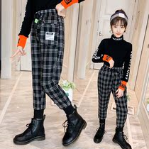 Girl Plaid Pants Plus Suede Autumn Winter 2021 CUHK Kid Children Winter Pants Foreign Pants Girl Thickened Trousers Girl