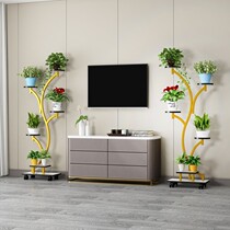 Flower shelf next to TV cabinet with wheel movable indoor floor-type multilayer advanced plant shelf flower pot rack