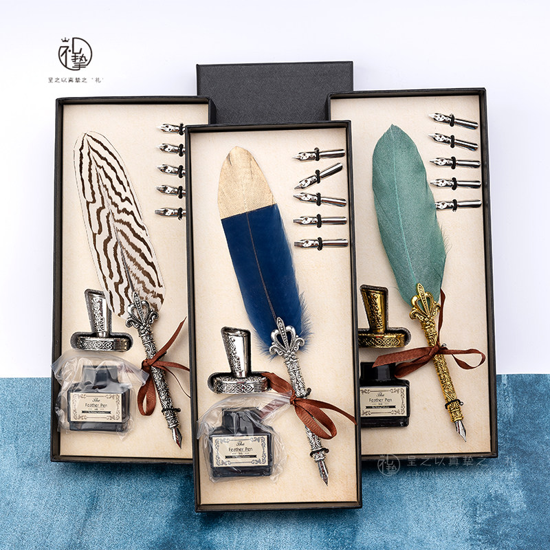 Eurostyle Retro Gold Powder Feather Pen Dip Pen Fine Art Fountain Pen Gift Box Sets Valentine's Day Birthday Gift Practicing Pen