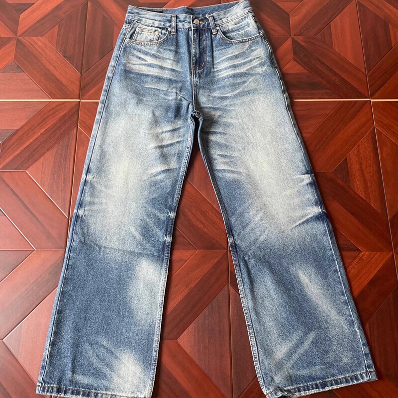 Nietpxfo Washed Vintage Cream Ice Blue Retro Combat Cowboy A-Line Loose Casual Straight-Leg Jeans