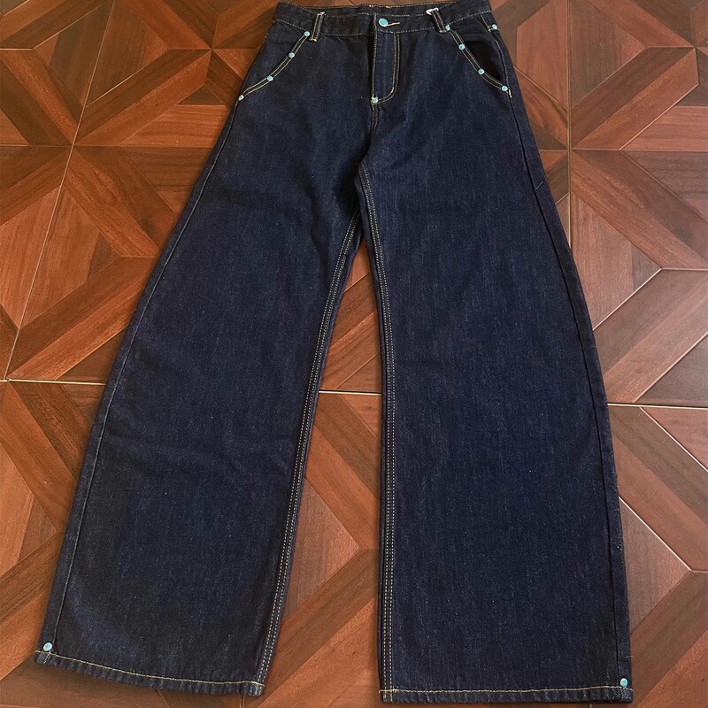 Nietpxfo Turquoise Red-Eared Ganshan Original Cow Loose A-Line Casual Wide-Leg Straight Knife-Edge Jeans