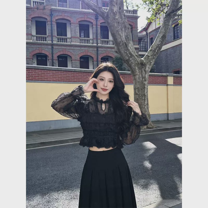 Spring and Summer French Lady-Style Lace Splicing Stand-Collar Shirt for Women, Black Long-Sleeved High-End Elegant Slightly Sheer Top