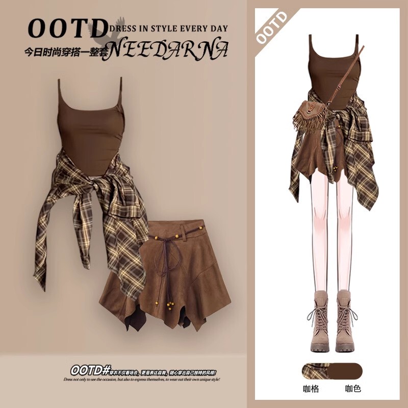 Melard Wears a Wasteland-Style Plaid Shirt Top with Suspenders, a Summer Bohemian Short Skirt Suit for Petite Women