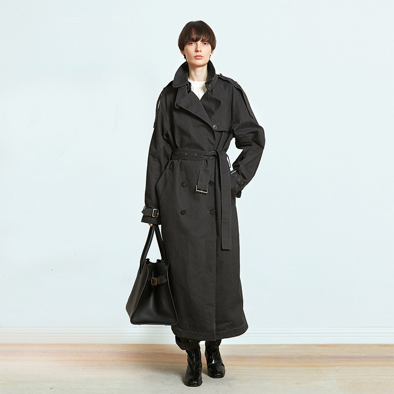 Carolingian's understated luxury ROW style! High-count Pima cotton oversized long trench coat, heavy-duty ready-to-wear outerwear.