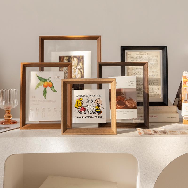Double-Sided Transparent Photo Frame Display Stand 6-Inch 8 Calligraphy and Painting Ornaments Acrylic Polaroid Embossed Stand Solid Wood Small Picture Frame