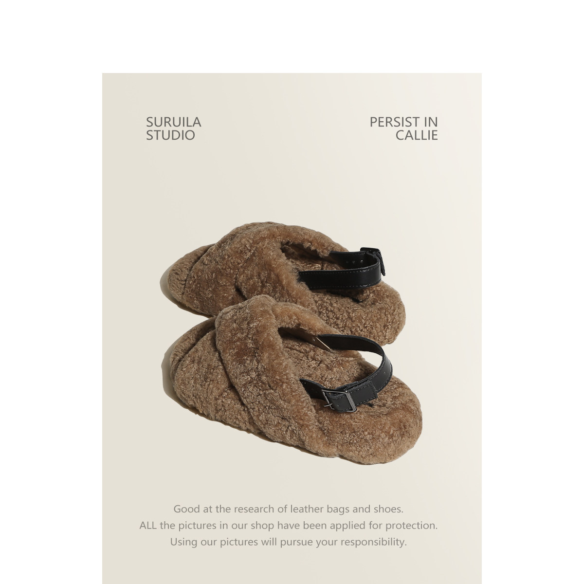 SURUILA 毛毛鞋春秋新款厚底外穿一字扣交叉保暖凉鞋女棉拖