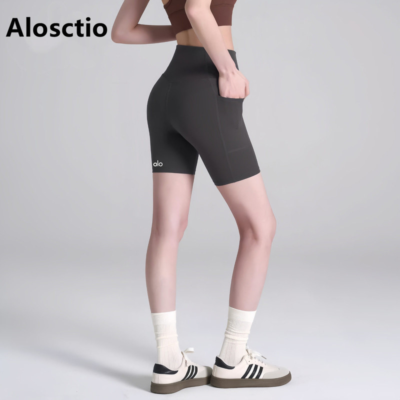 Alosctio High-Waisted Yoga Shorts Summer Thin Style with Pockets Tight-Fitting Cycling Sports Butt-Lifting Fitness Shorts