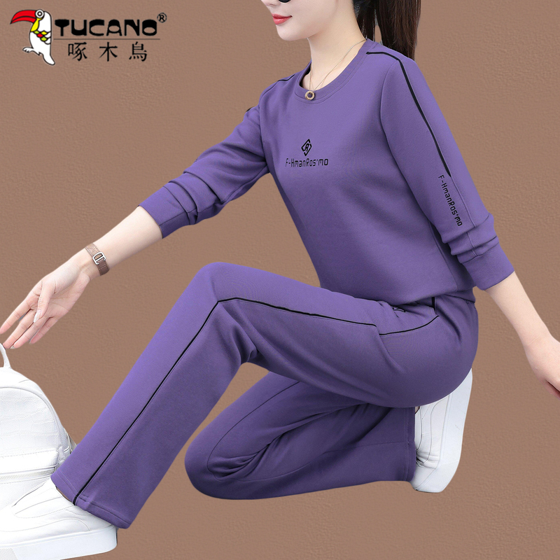 Woodpecker Sports Suit for Women, Spring and Autumn 2026 New Style, Round Neck Top, Loose Fit, Covers the Body, Looks Slimming, Versatile Two-Piece Set Woodpecker Sports Suit for Women, Spring and Autumn 2026 New Style, Round Neck Top, Loose Fit, Covers the Body, Looks Slimming, Versatile Two-Piece Set