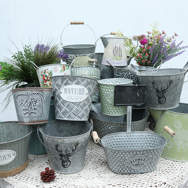 Retro made of old Tin Dried Flowers Flower Arrangement Bucket Fields Green Plant Iron Art Flower Pots Indoor Flower Shop Creative Floral Decorations-Taobao